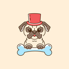 Pug gentleman Cartoon pug-dog in the hat and with a bone. Cute Dog line thin icon, Vector flat illustration