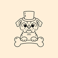 Pug gentleman Cartoon pug-dog. Cute Dog in the hat and with a bone. Line art design, Vector flat illustration