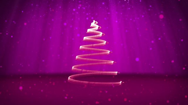 Winter theme for Christmas or New Year background with copy space. Close-Up of Xmas tree from particles in mid-frame. Purple 3d Xmas tree V7 with glitter particles DOF light rays