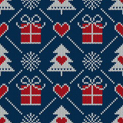 Winter Holiday Seamless Knitted Pattern with a Christmas Symbols: Present Box, Snowflake and Christmas Tree. Wool Knitting Sweater Design