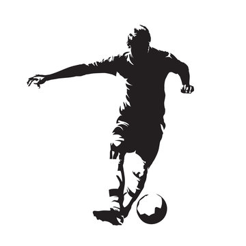 Soccer player running with ball, abstract vector silhouette