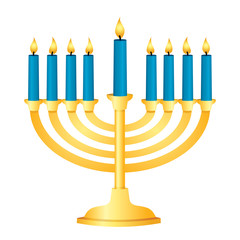 A shiny gold Menorah with blue candles all lit for Chanukah