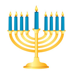 A shiny gold Menorah with blue candles all lit for Chanukah