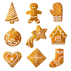 set christmas cookies gingerbread (man, haus, christmas tree, star, ball, heart, snowflake, sock) xmas baked sweet food vector 