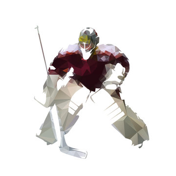 Ice hockey goalie in dark red jersey, abstract polygonal vector illustration
