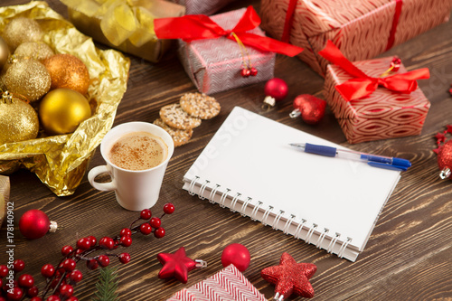 christmas gifts presents wish list and christmas decorations on wood background christmas lifestyle concept - Christmas Decorations List christmas gifts presents wish list and christmas decorations on wood background christmas lifestyle concept - Christmas Decorations List