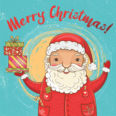 Vector illustration of Santa Claus with gifts. Merry Christmas!