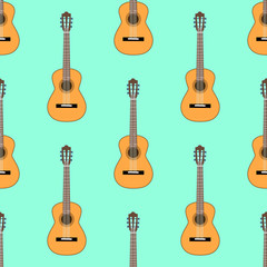 Seamless Classical acoustic guitar pattern on light blue background .Music instrument. Flat design Vector Illustration EPS
