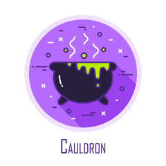 Icon with cauldron in a coloured circle. Thin line flat design. Vector Halloween card.