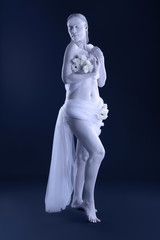 Naklejka premium Beautiful young woman with amazing body-art as Virgo on dark background. Zodiac signs concept