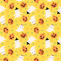 Cute vector seamless pattern for Halloween with ghosts and pumpkins on yellow background