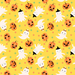 Obraz premium Cute vector seamless pattern for Halloween with ghosts and pumpkins on yellow background