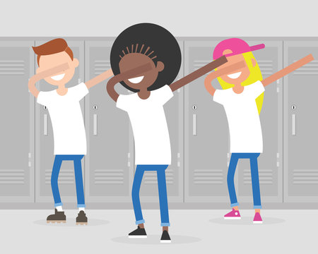 Multiracial group of teenagers dancing dab dance at school. Dabbing, Internet meme. Millennials having fun. Flat editable vector illustration, clip art