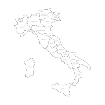 Map of Italy divided into 20 administrative regions. White land, black borders and black labels. Simple flat vector illustration.