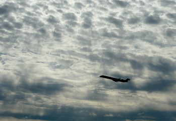 Fototapeta na wymiar Jet Airplane Silhouette With White Cloud Background