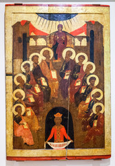 Antique Russian orthodox icon. Descent of the Holy Spirit painted on old wooden board