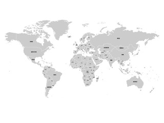 Political map of world with Antarctica. Grey land, white borders on white background. Black labels of states and significant dependent territories names. High detail vector illustration.