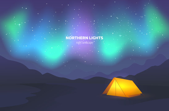 Camp tent under night sky. Landscape with beautiful northern lights. Vector illustration.