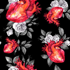 Watercolor seamless pattern, anatomic hearts with sketches of roses and leaves in vintage medieval style. Valentines day illustration. Tattoo art symbol of love. Gothic. Can be use in holiday design. - 178148544