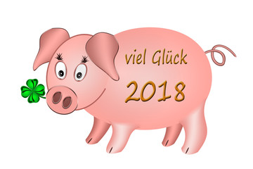 Viel Glück 2018, Glücksschwein mit Kleebatt, weißer Hintergrund