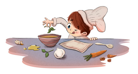 Niño cocinando con ingredientes en la cocina - 178152946