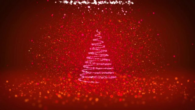 Wide angle shot of winter theme for Christmas or New Year background with copy space. Xmas tree from particles in mid-frame. Red 3d Xmas tree V6 with glitter particles DOF