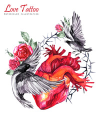 Watercolor anatomic heart with sketches of roses, thorns, leaves and ravens in vintage medieval style. Valentines day illustration. Tattoo art symbol of love. Gothic poster. Ready for print. - 178154108