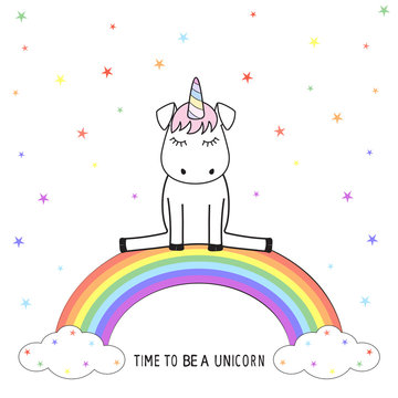 Fototapeta Cute  unicorn sits on colorful rainbow.  Graphics for t-shirts.