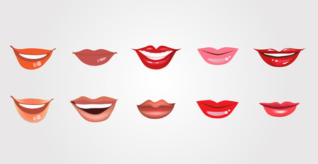 Set of realistic lips for design isolated on white background. Vector illustration, clip art.
