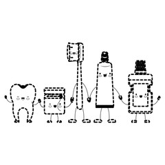 tooth and dental floss and toothbrush and toothpaste and mouthwash in cartoon holding hands in black dotted silhouette