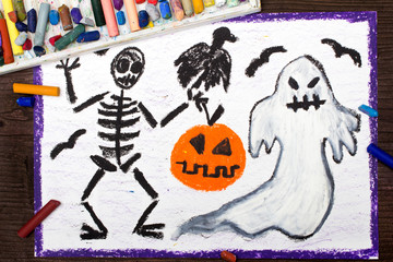 Halloween drawing: Bad ghost, skeleton, pumpkin and raven