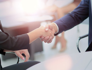 Business partners shaking hands in meeting hall