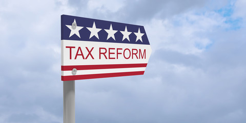 USA Politics Concept: Tax Reform Direction Sign With US Flag, 3d illustration against cloudy sky