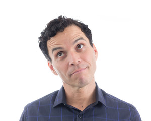 Obraz premium Thoughtful consumer. The person is wearing dark blue social shirt. Isolated..