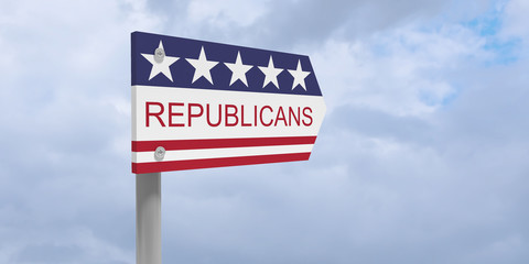 USA Politics Party Concept: Republicans Direction Sign With US Flag, 3d illustration against cloudy sky