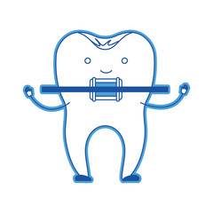 cartoon tooth with root and brace in blue silhouette