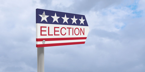 USA Politics Voting Concept: Election Direction Sign With US Flag, 3d illustration against cloudy sky