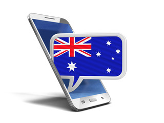 Touchscreen smartphone and Speech bubble with Australian flag. Image with clipping path