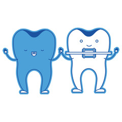 teeth cartoon holding hands and one with dental brace in blue silhouette