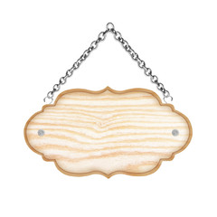 empty wooden sign with chain isolated on white  background