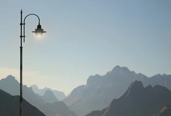 Gordijnen Dolomites Panorama and Street Lamp © vali_111
