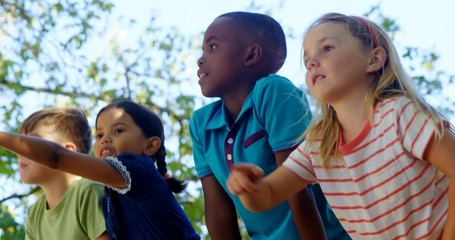 Mixed-race and African American kids pointing towards a distant in the playground 