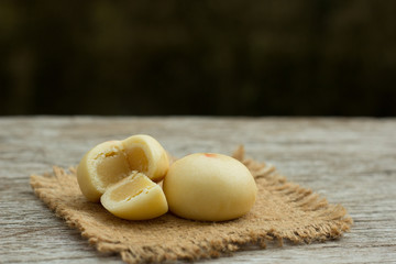 Mochi snack on wooden plate,copy space