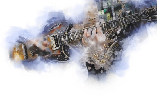Abstract beautiful playing Guitar and saxophone in the foreground, Watercolor painting background and Digital illustration brush to art..
