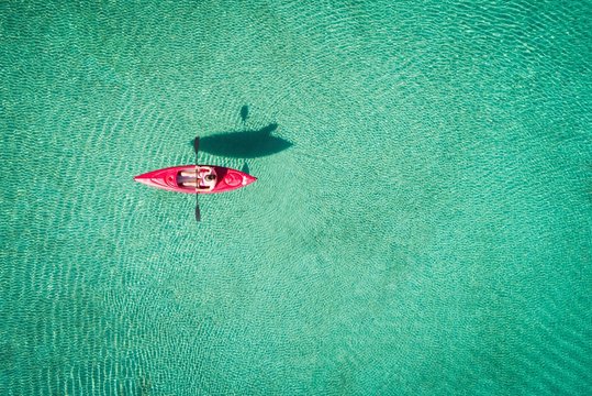 Aerial view of man kayaking in river