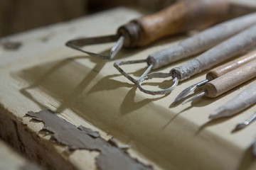 Various pottery tools in workshop