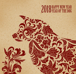 Vector illustration of dog, symbol of 2018 on the Chinese calendar. Silhouette of dog, decorated with floral patterns. Vector element for New Year's design. Old paper print