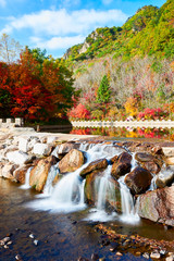 The waterfall in the autumn valley