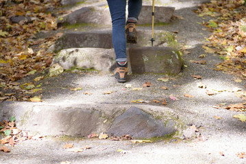 Fototapeta premium woman hiking up stone stairs at state park