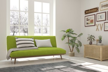Idea of white minimalist room with green sofa. Scandinavian interior design. 3D illustration